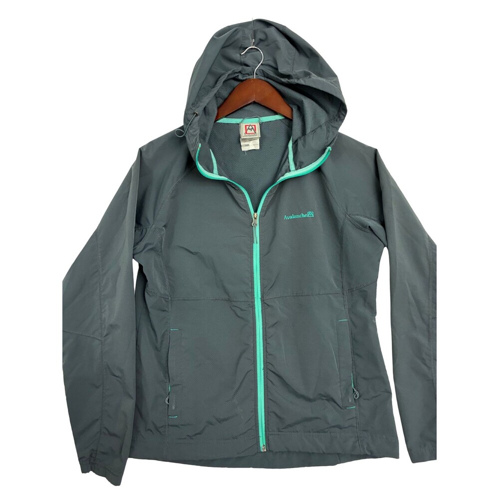 Avalanche Women Gray Weather Shield Hooded Full Zip Rain Jacket Teal Trim